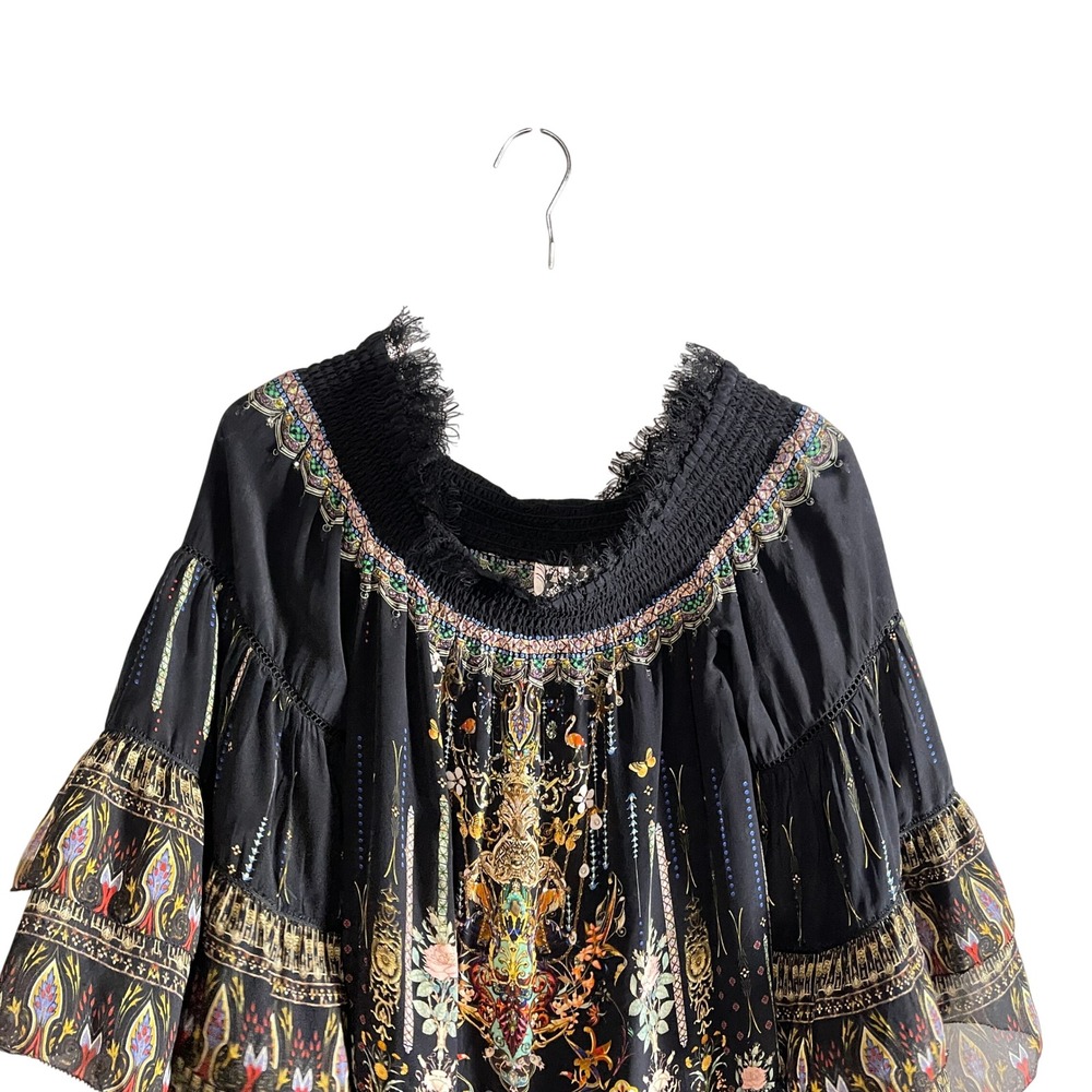 Camilla Rebelle Off Shoulder Beaded 100% Silk Dress Bell Sleeves Flowy XS Black - Picture 8 of 11
